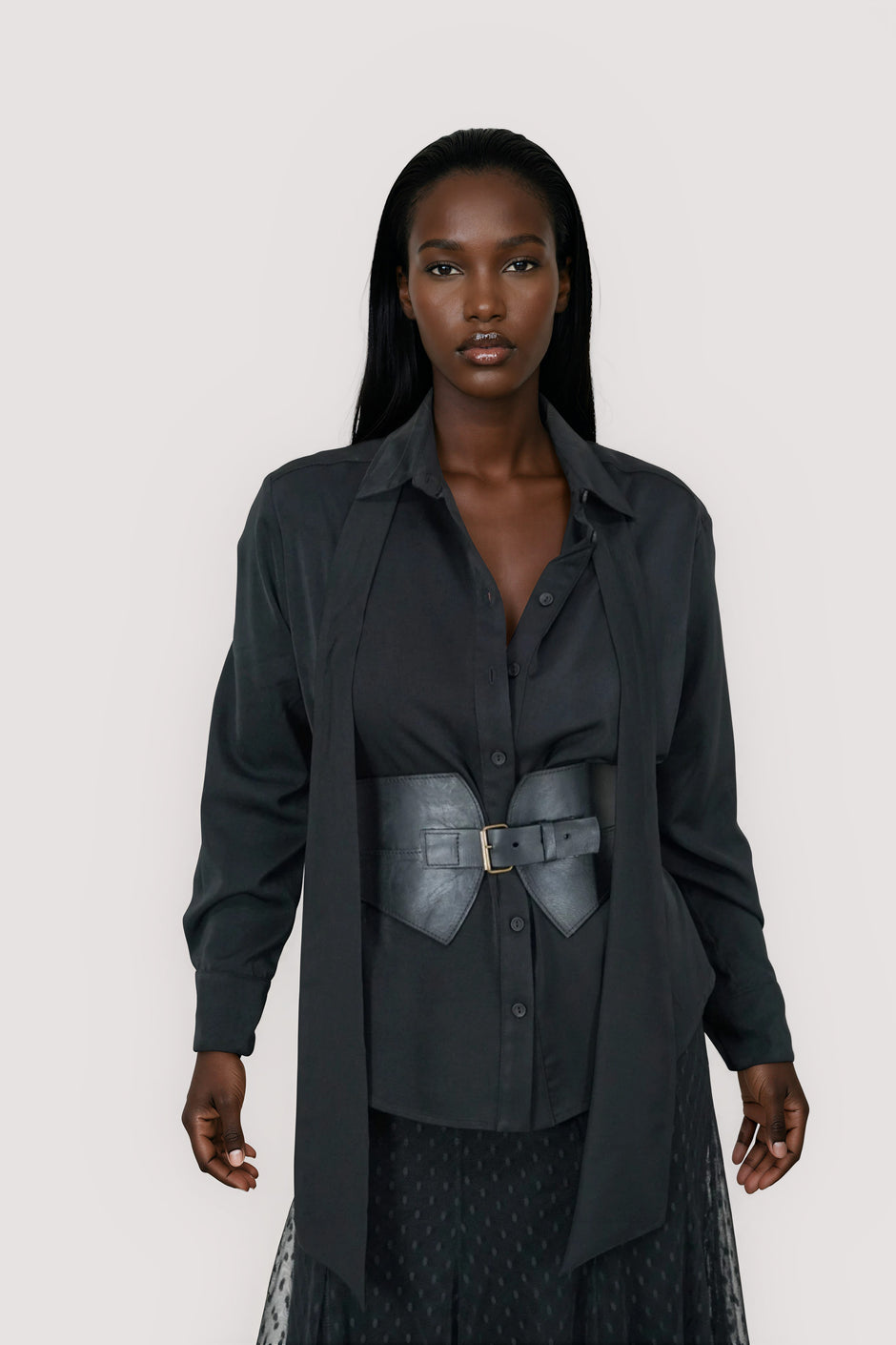 Black Satin Tie Shirt