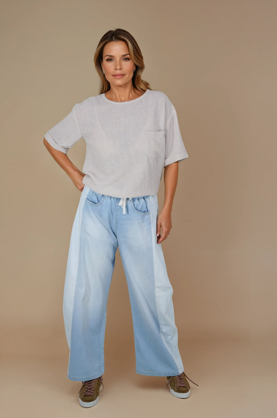 Tan Fine Stripe Back Button Top