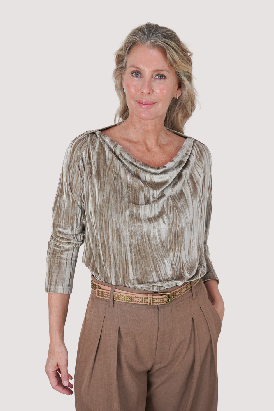 Oyster Crushed Velvet Cowl Neck Top