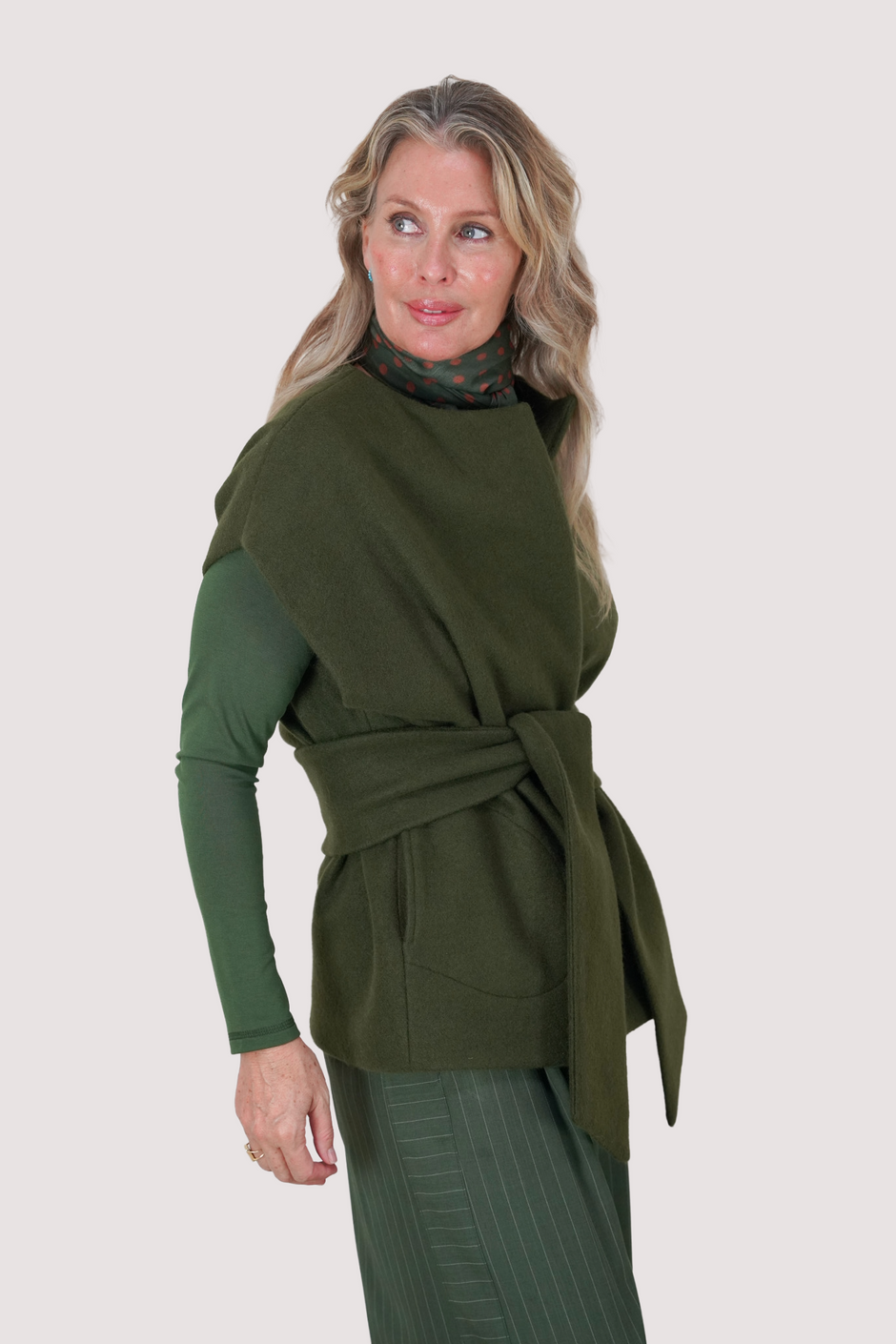 Olive Sleeveless Tie Jacket