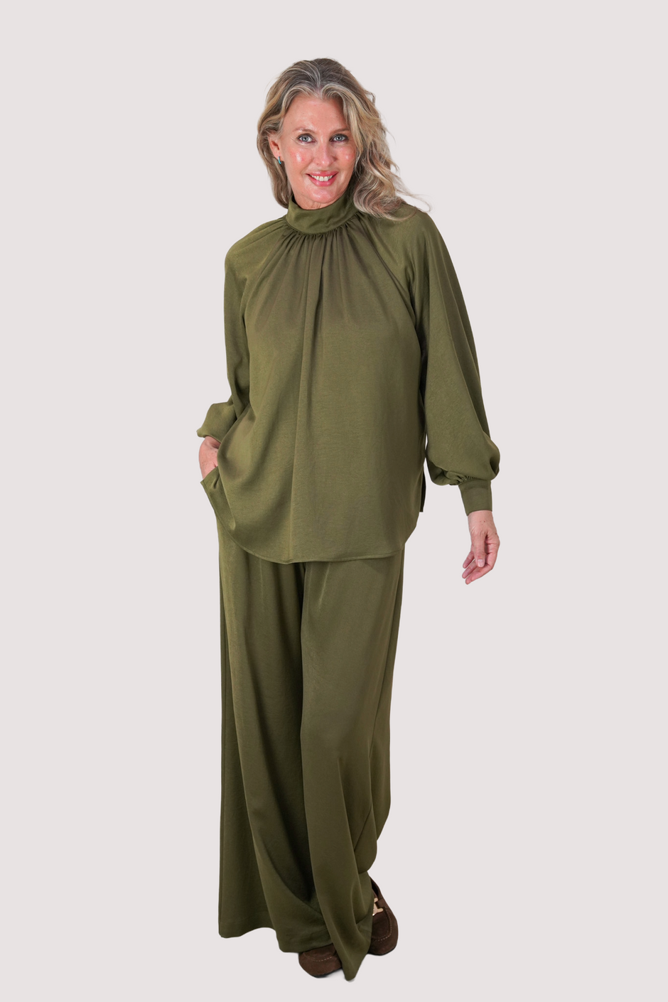 Olive Satin Raglan Sleeve Top