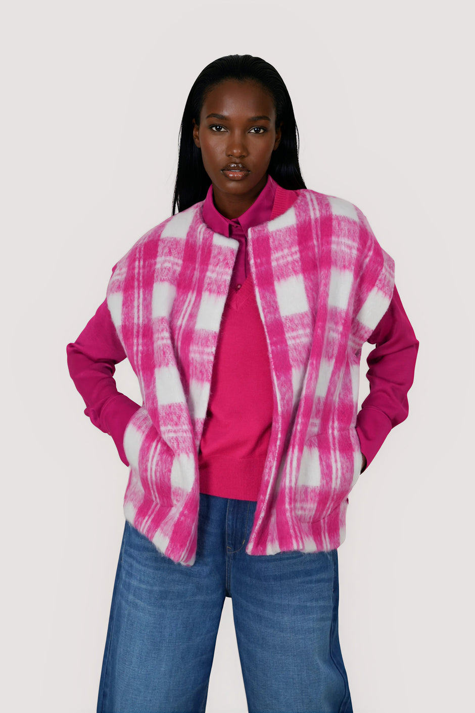 Pink Check Sleeveless Tie Jacket
