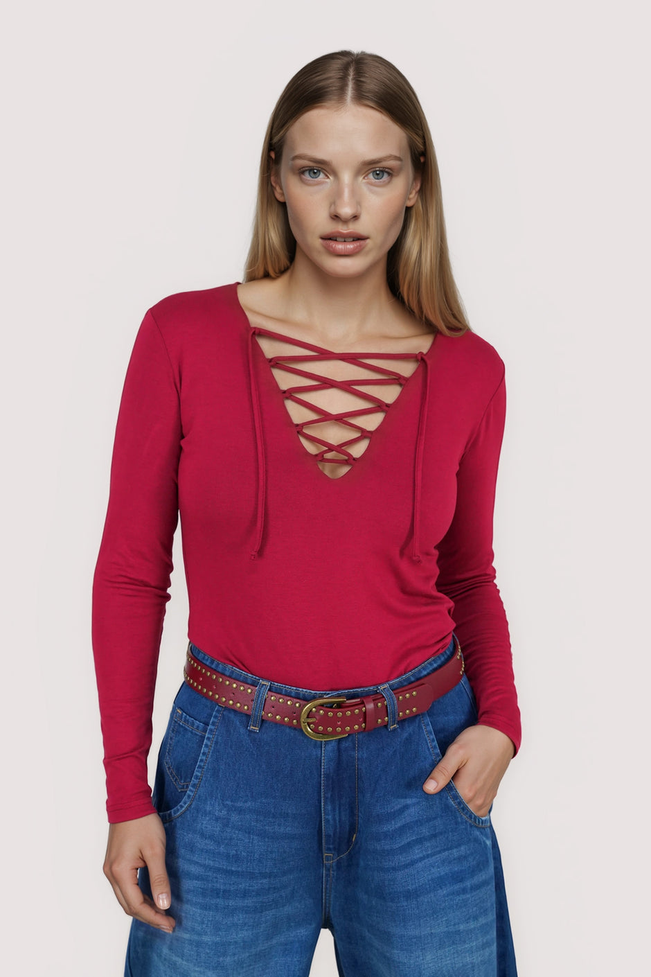 Tomato Lace Up Long Sleeve Tee