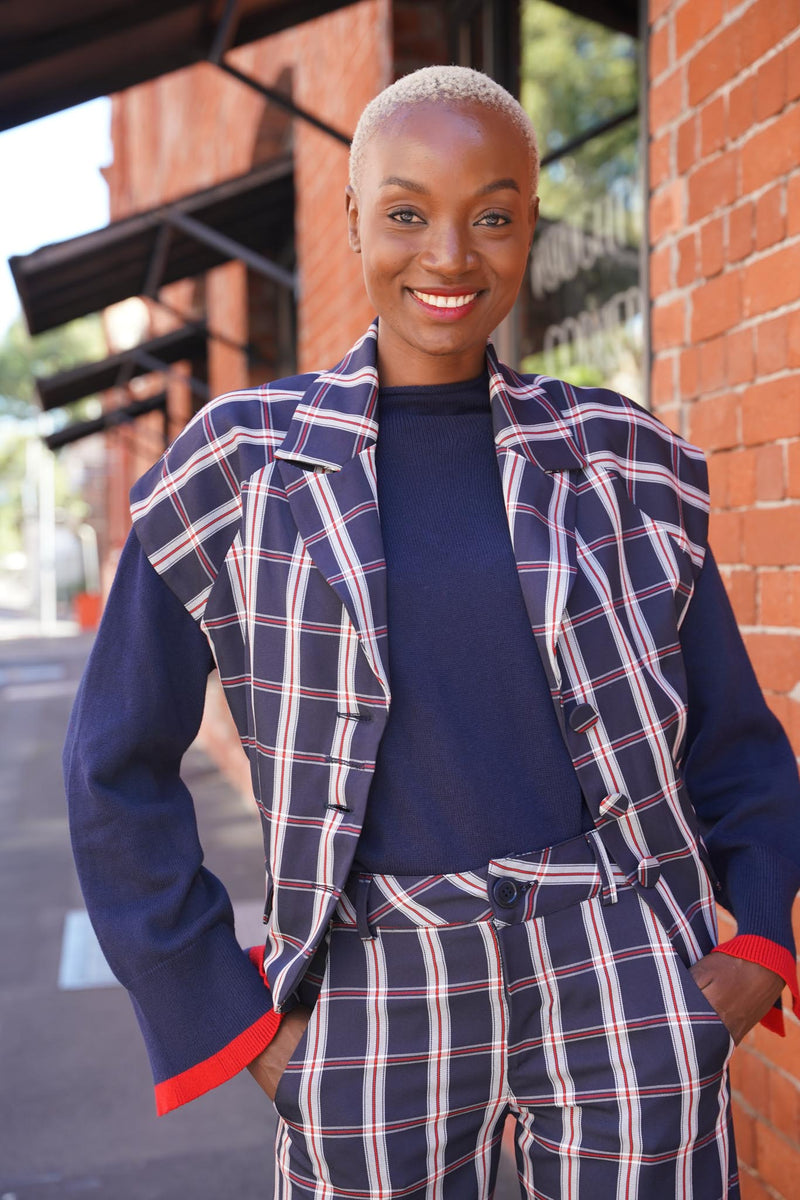 Navy Check Cap Sleeve Jacket desray.co.za