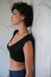 Black Cropped Shoulder Pad Vest