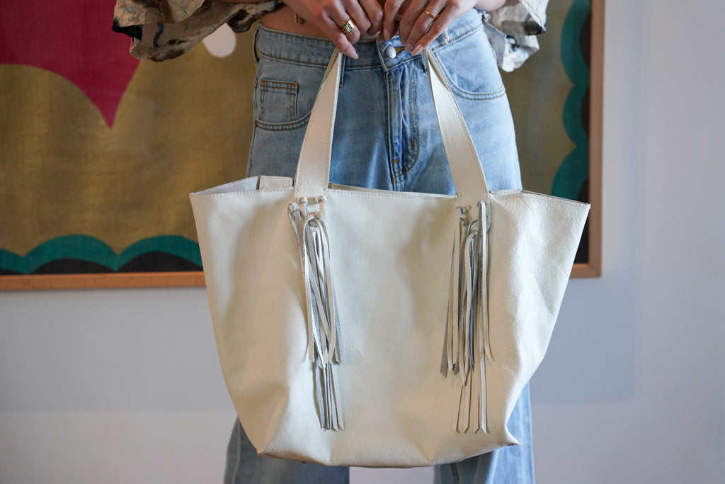 Cream Leather Tassel Handbag - desray.co.za