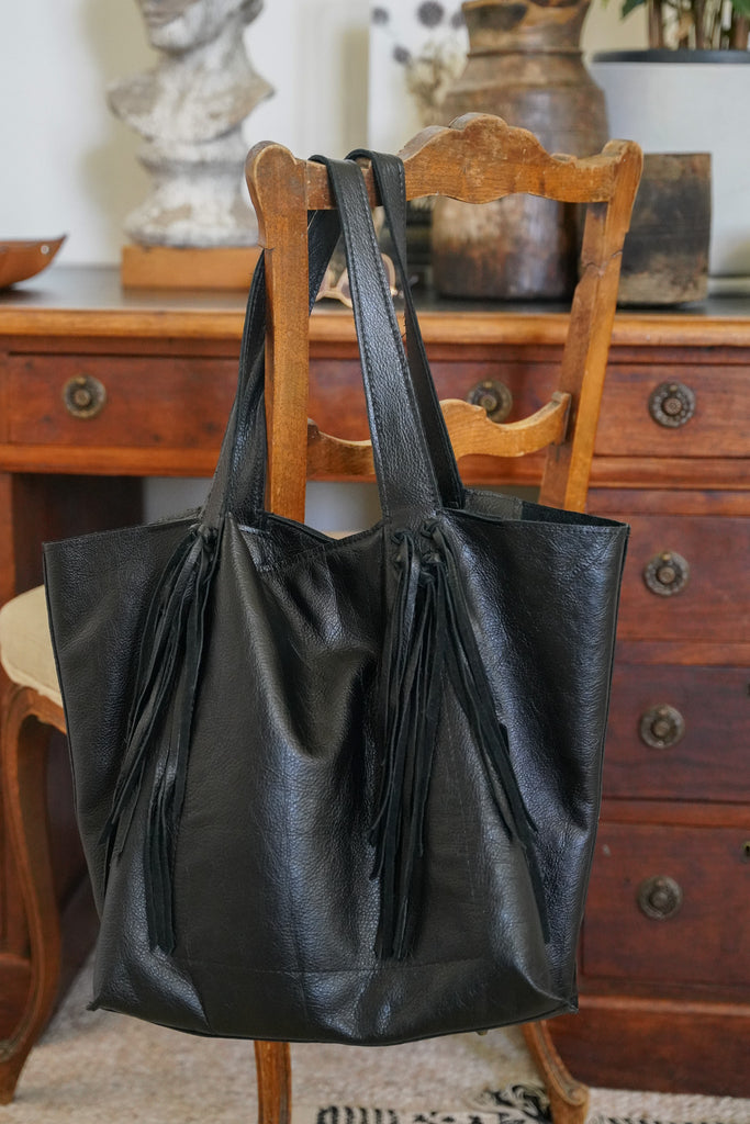 Black Leather Tassel Handbag - desray.co.za