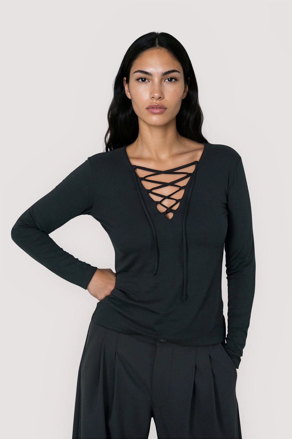 Black Lace Up Long Sleeve Tee
