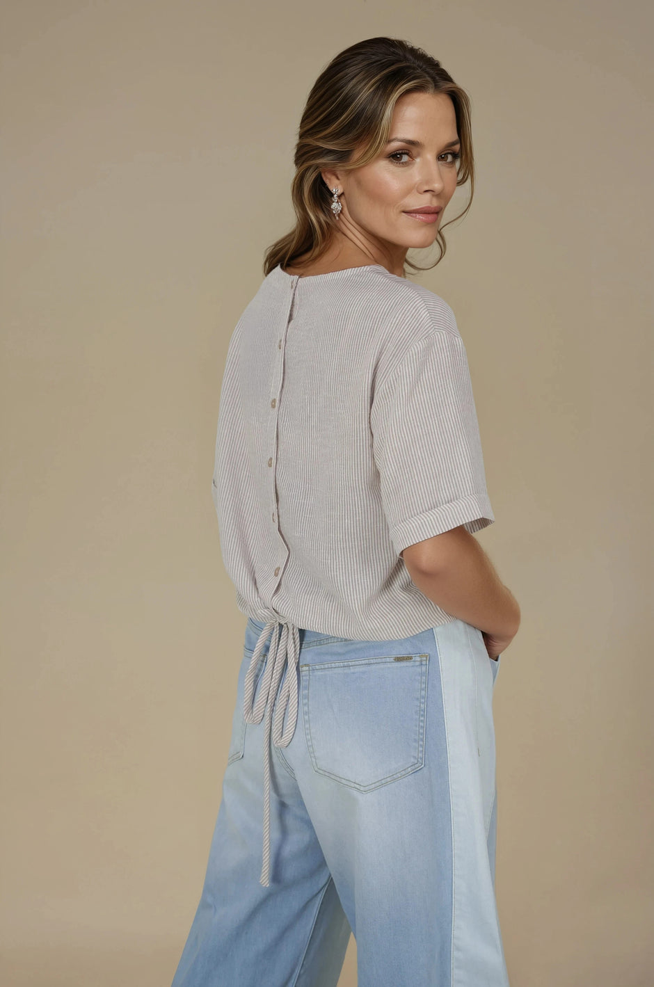 Tan Fine Stripe Back Button Top