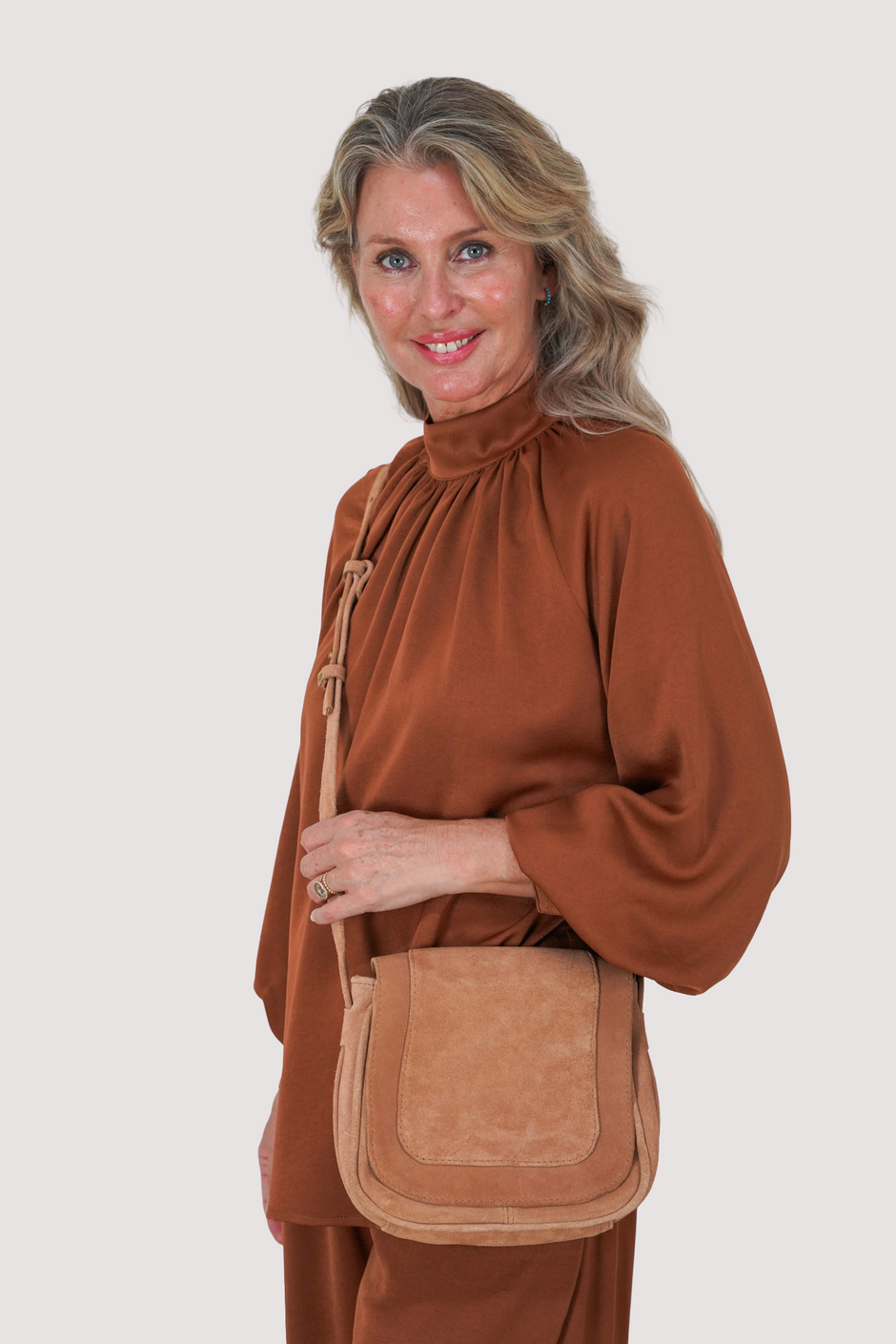 Tan Suede Saddle Sling Bag