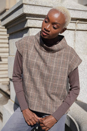 Brown Check Cap Sleeve Coat Top