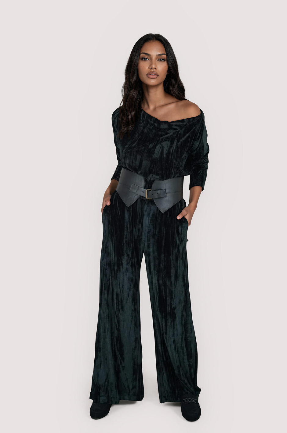 Black Crushed Velvet Cowl Neck Top