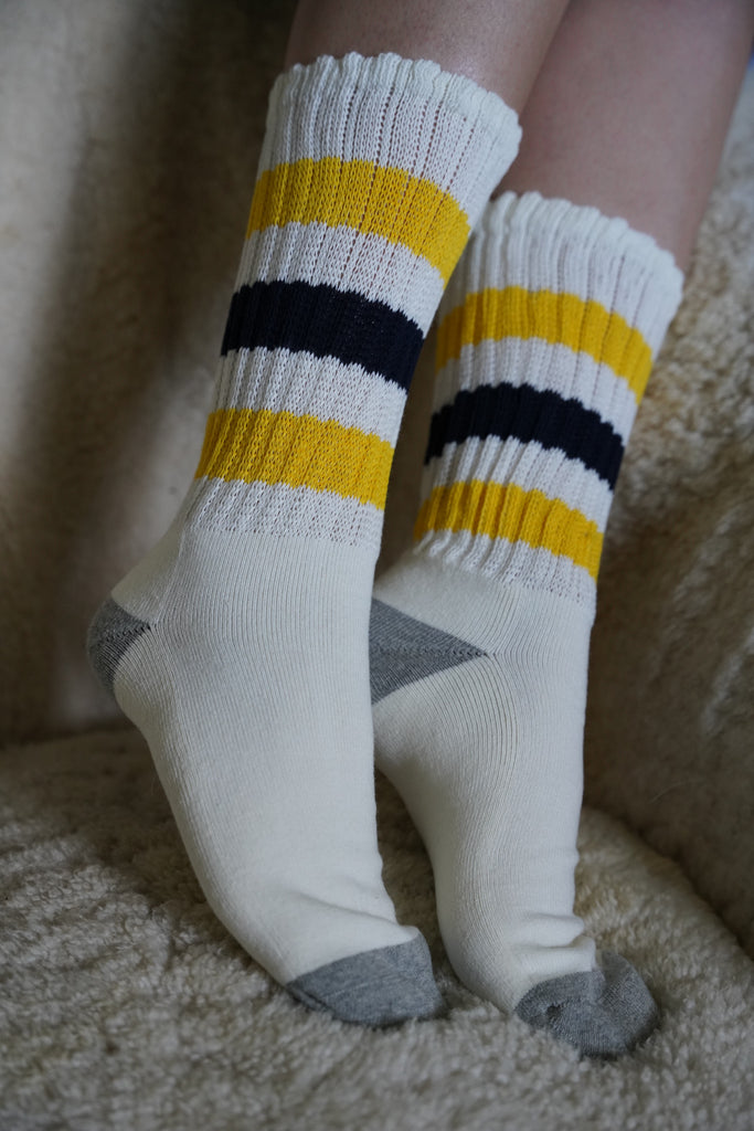 White, Navy & Yellow Stripe Vintage Socks - desray.co.za
