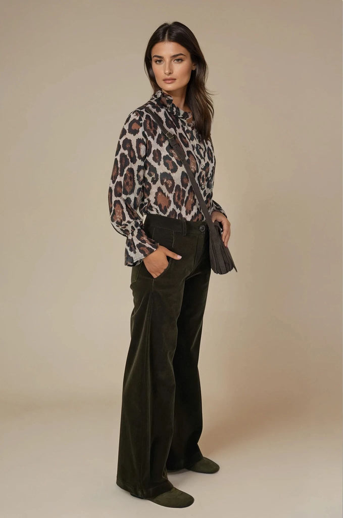 Olive Velvet Flare Leg Pants - desray.co.za