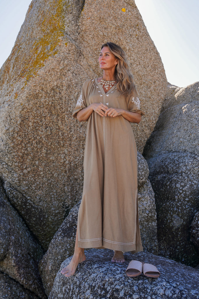 Tan Embroidered Long Kaftan - desray.co.za