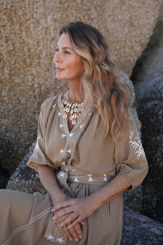 Tan Embroidered Long Kaftan - desray.co.za
