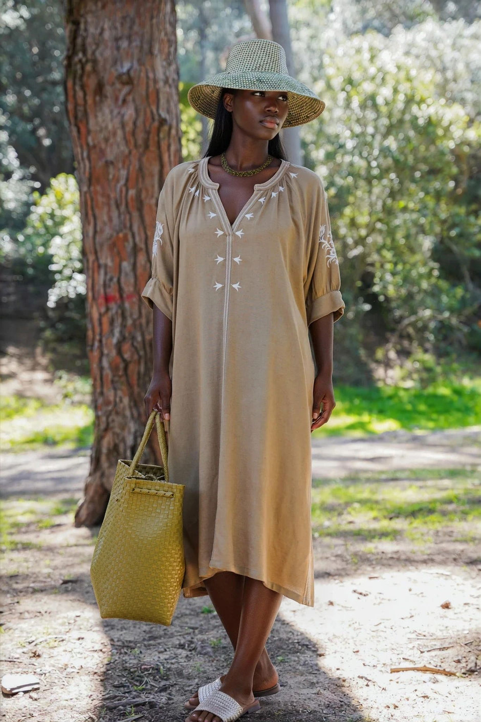 Tan Embroidered Short Kaftan