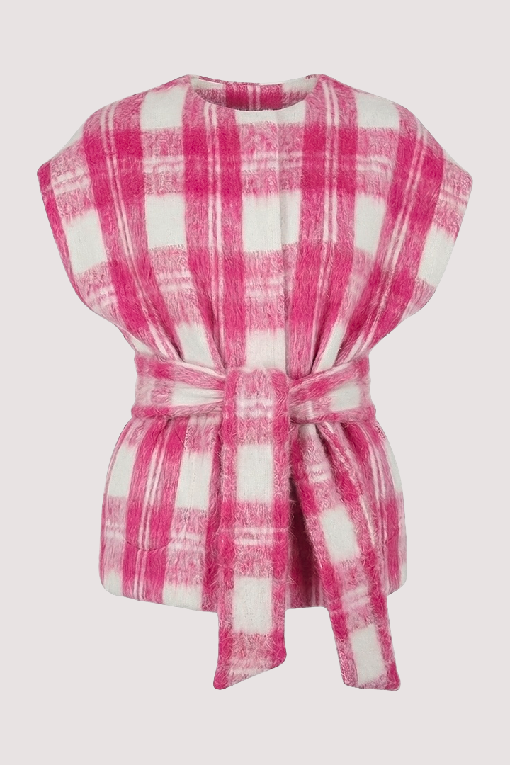 Pink Check Sleeveless Tie Jacket